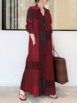 Robe chemise ample à manches longues, à carreaux, à poches, à col revers