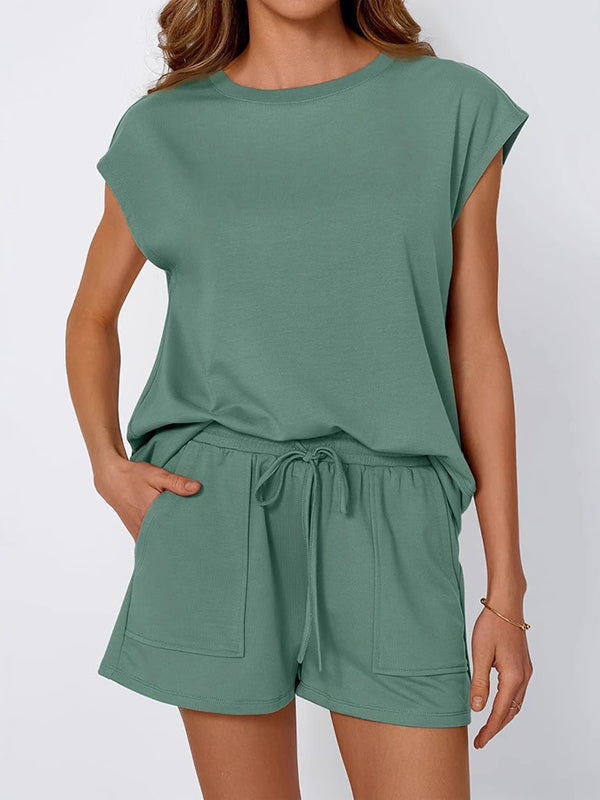 Ensemble deux pièces ample à manches raglan, à empiècements, à col rond, à cordon de serrage, à taille élastique, couleur unie – t-shirt + short