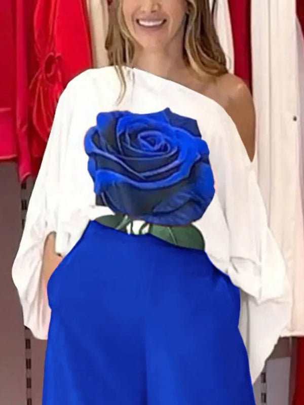 Chemisier ample asymétrique à manches longues, à taille élastique, à imprimé floral, asymétrique à une épaule