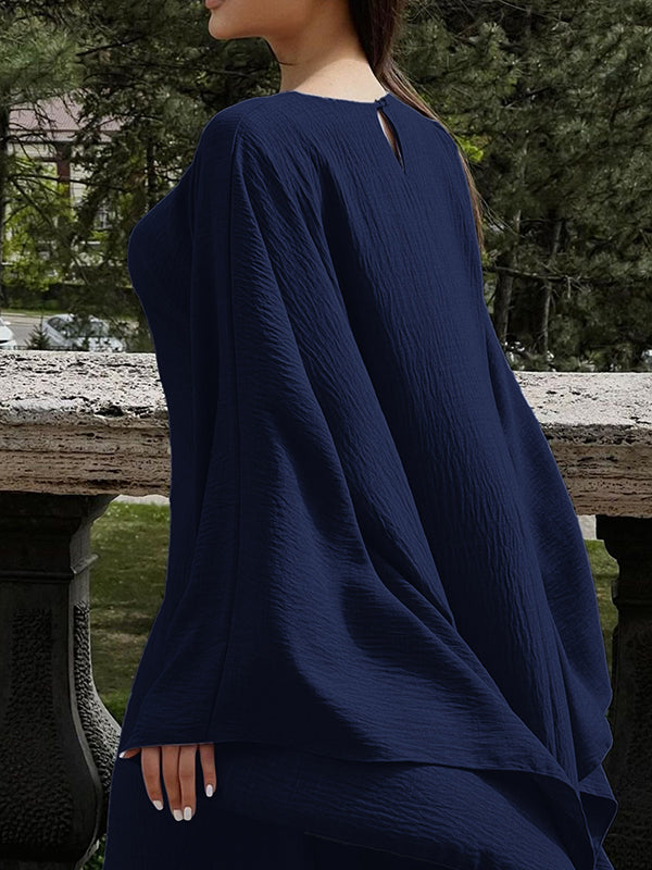 Robe longue à manches chauve-souris, à manches longues, à col rond, couleur unie