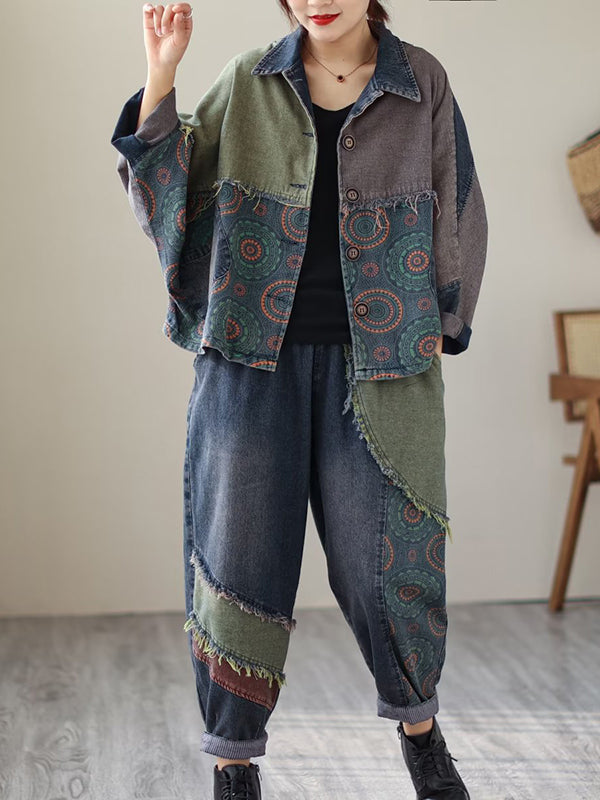 Ensemble deux pièces imprimé à franges, à empiècements, à manches longues, couleur contrastée – veste + sarouel