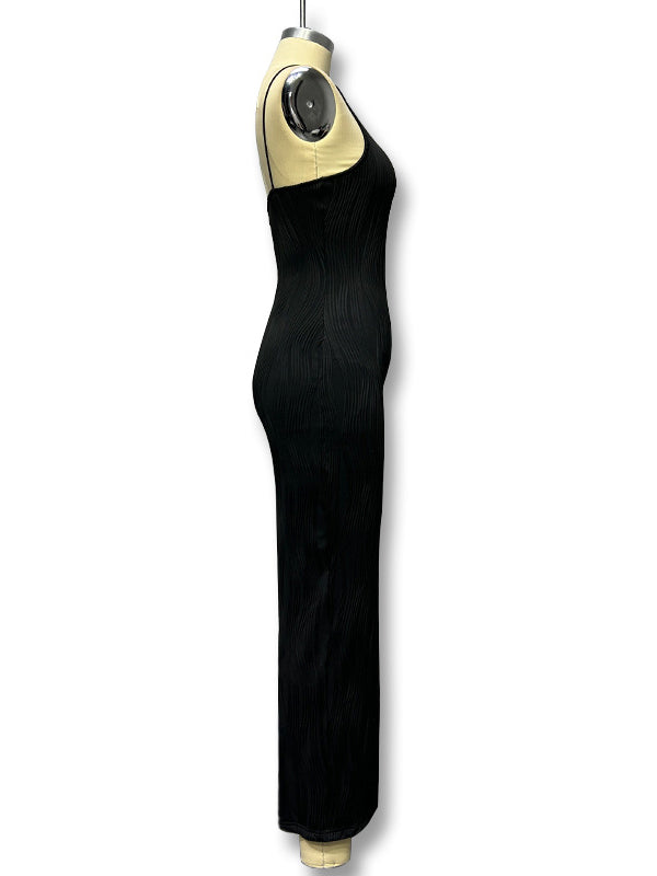 Robe longue moulante plissée fendue dans le dos sans manches, à empiècements, à fermeture éclair, à fines bretelles, couleur unie