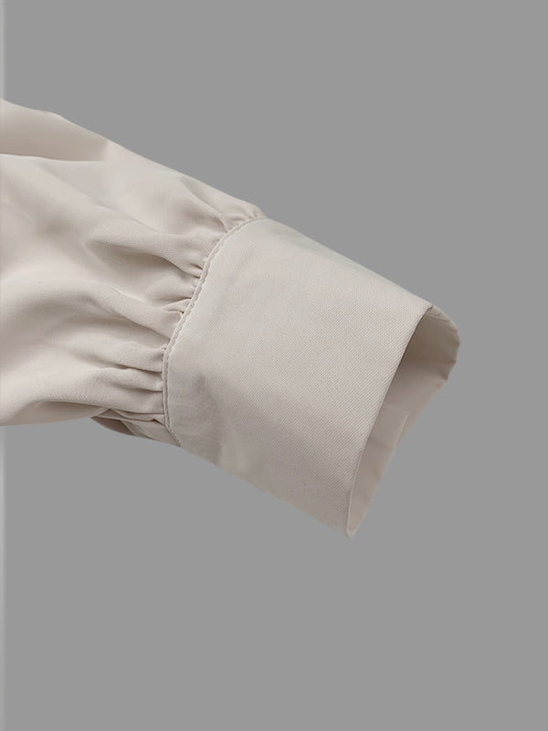 Robe mi-longue boutonnée plissée à ourlet plongeant, à manches longues, à cordon de serrage, à poches, à col revers, couleur unie