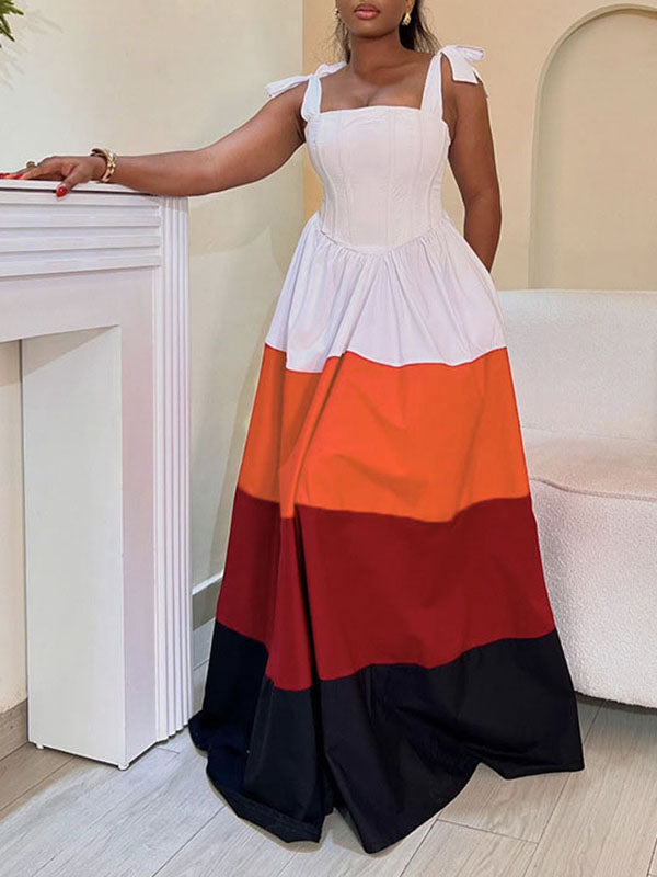 Robe longue plissée nouée coupe trapèze, taille haute, à poches, à fermeture éclair, à fines bretelles, couleur contrastée