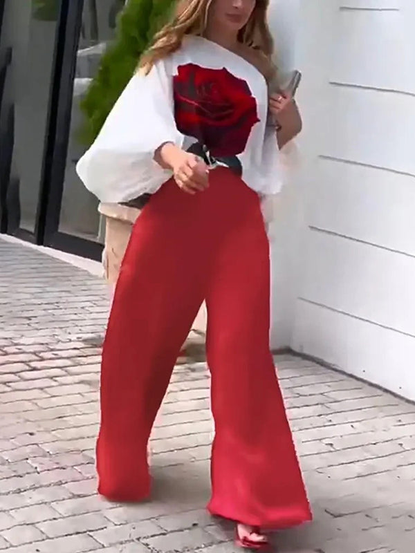 Pantalon ample taille haute, à poches, couleur unie
