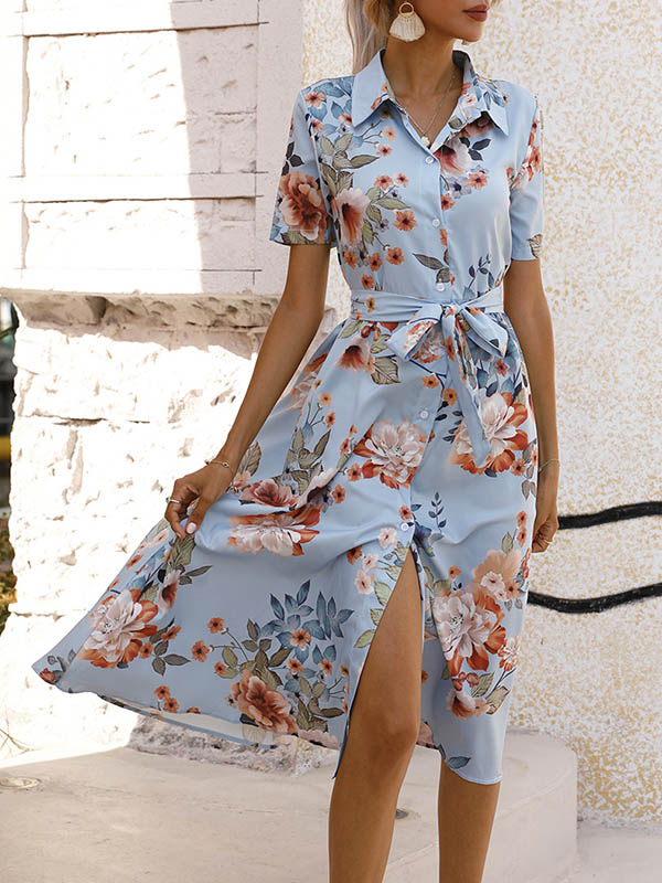 Robe mi-longue ample boutonnée coupe trapèze, à imprimé floral, à taille nouée, à col revers