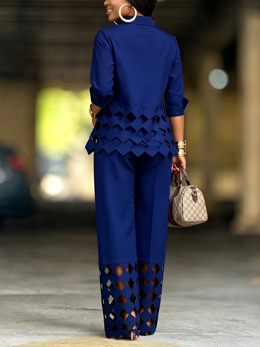Pantalon ajouré ample à poches, à jambes larges, couleur unie