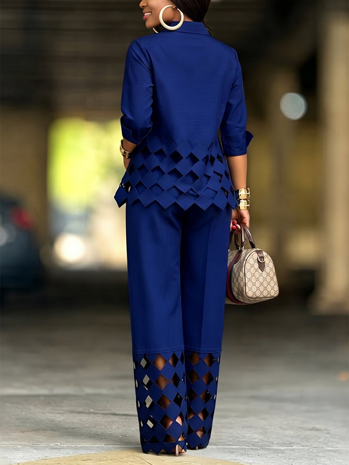 Pantalon ajouré ample à poches, à jambes larges, couleur unie