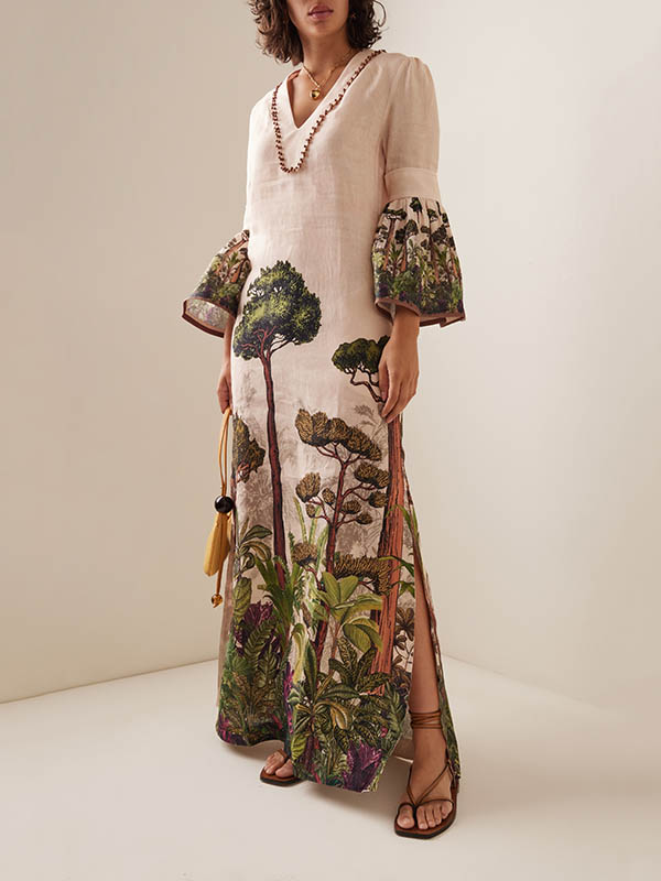 Robe longue ample à manches évasées, à imprimé feuilles, à col en V