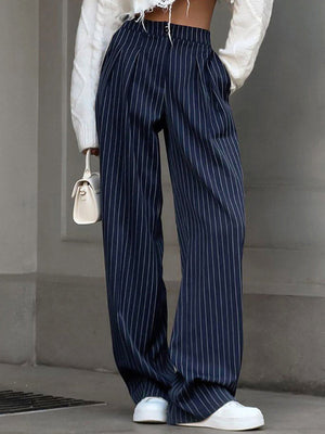 Pantalon Large Taille Haute Pantalon Rayé Boutonné Pantalon