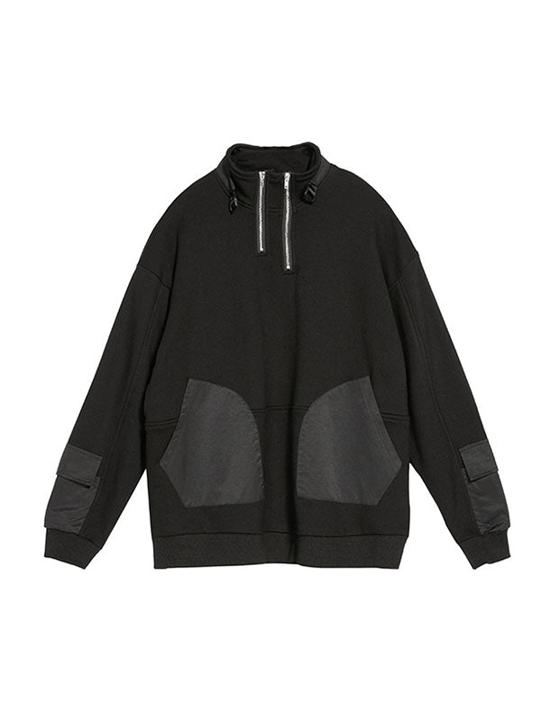 Sweat-shirt décontracté ample à manches longues, à fermeture éclair, à col haut, couleur unie