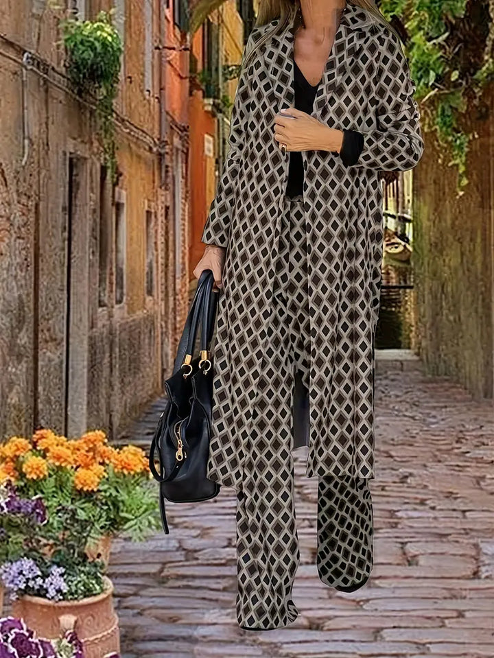 Ensemble Urban Chic composé d'un long manteau et d'un palazzo avec un imprimé géométrique pour femmes