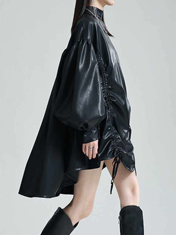 Robe courte plissée à ourlet plongeant, à manches longues, à cordon de serrage, à col montant, couleur unie