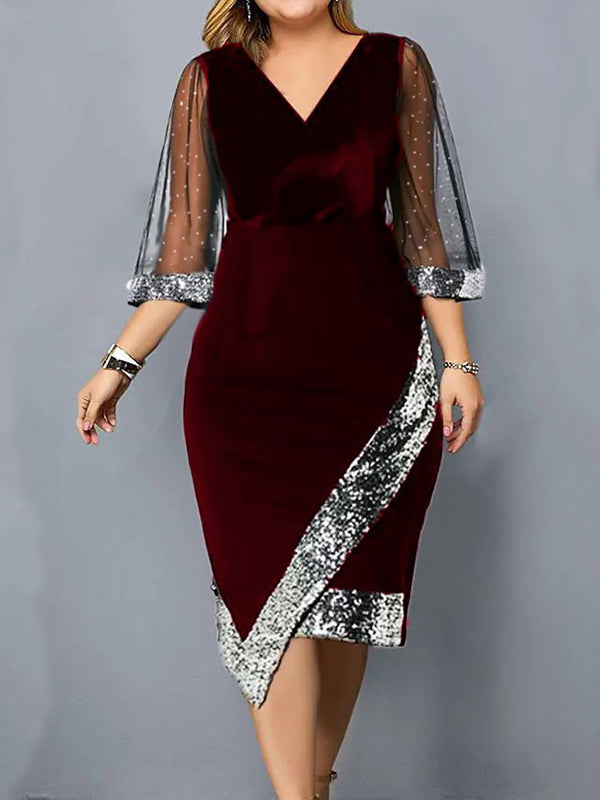 Robe mi-longue moulante coupe portefeuille, en résille, à sequins, à empiècements, à col en V, couleur contrastée