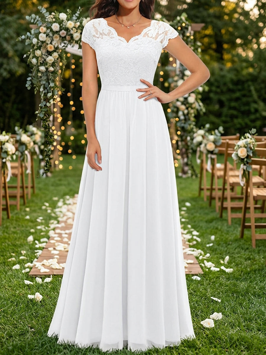 Robe longue plissée transparente coupe trapèze, taille haute, à empiècements, à col en V, couleur unie