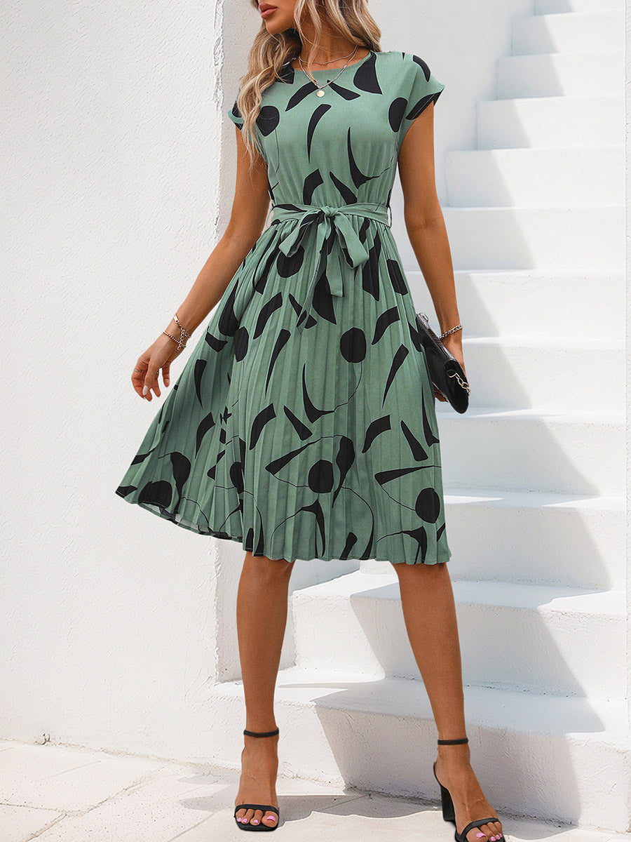 Robes mi-longues à taille haute, sans manches, imprimé abstrait, couleur contrastée, plissées, à pois, fendues, nouées, col rond