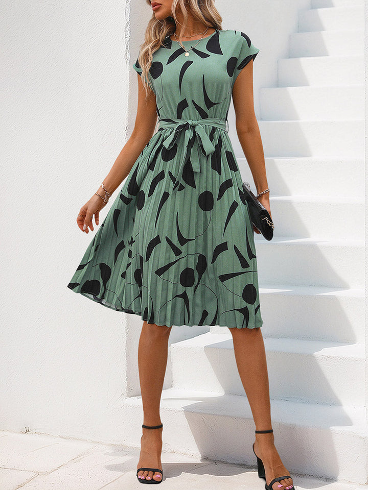 Robes mi-longues à taille haute, sans manches, imprimé abstrait, couleur contrastée, plissées, à pois, fendues, nouées, col rond