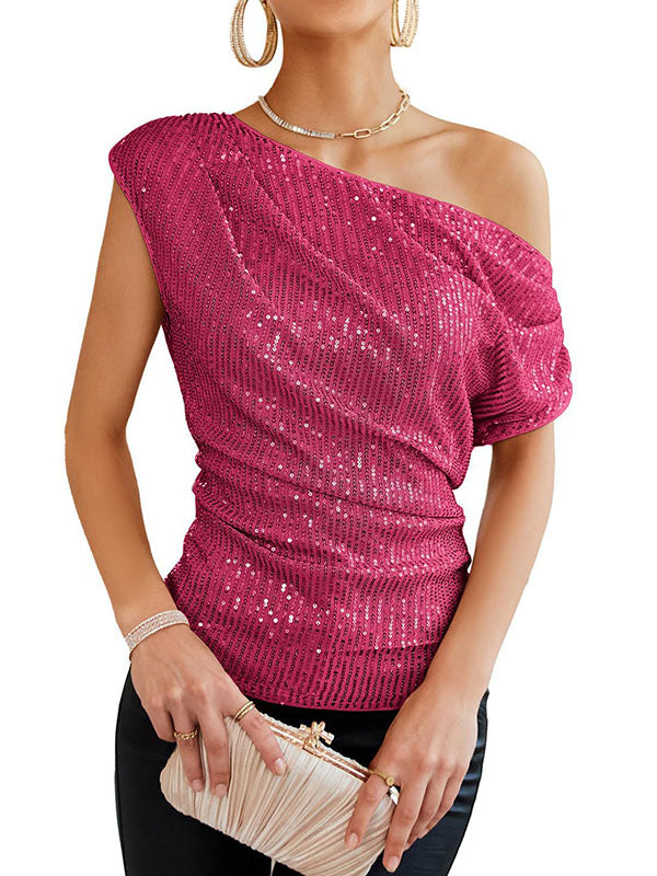 Débardeur ample asymétrique brillant coupe près du corps, à sequins, à empiècements, asymétrique à une épaule, couleur unie