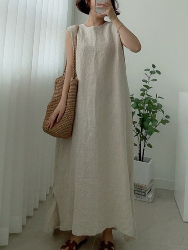 Robe mi-longue décontractée simple fendue sur le côté à col rond, sans manches, couleur unie