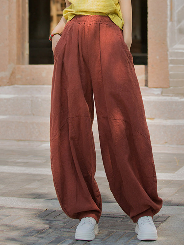 Pantalon ample à taille élastique, à poches, à empiècements, couleur unie