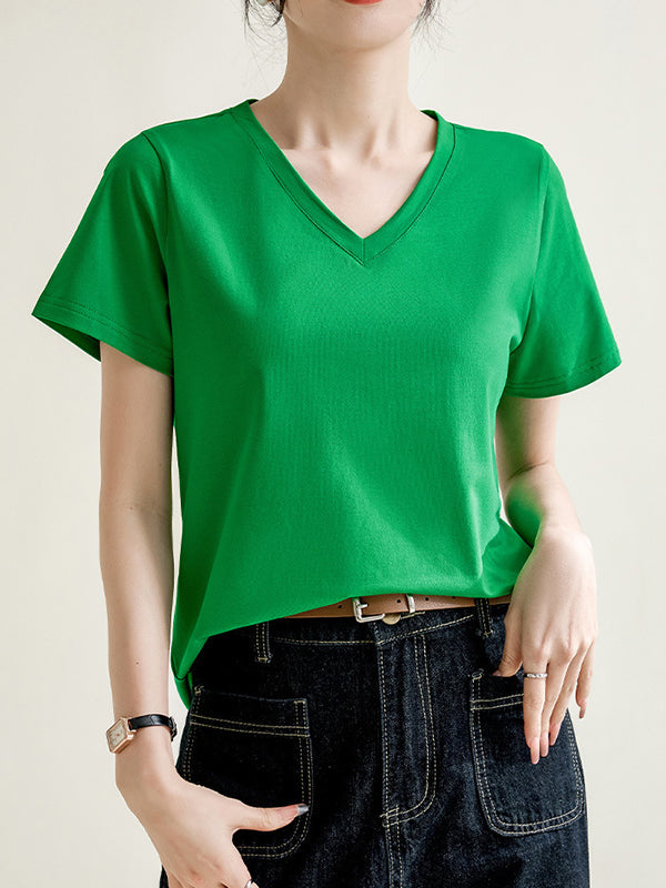 T-shirt ample à manches courtes, à col en V, couleur unie
