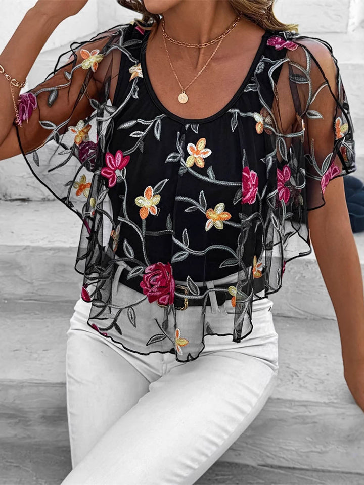 Chemisier superposé à manches chauve-souris, à coupe irrégulière, à imprimé floral, à empiècements, à col rond, couleur contrastée