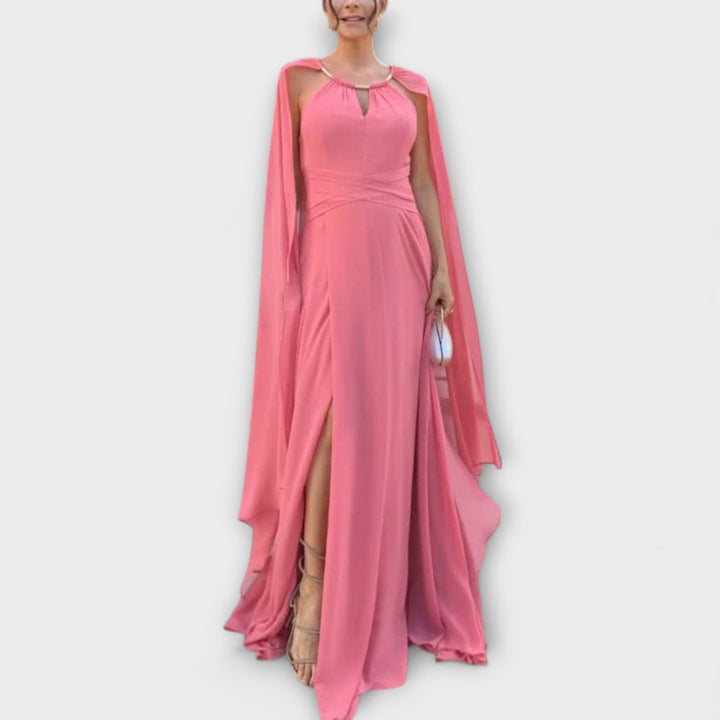 Mabel - Robe maxi élégante avec manches cape et fente haute
