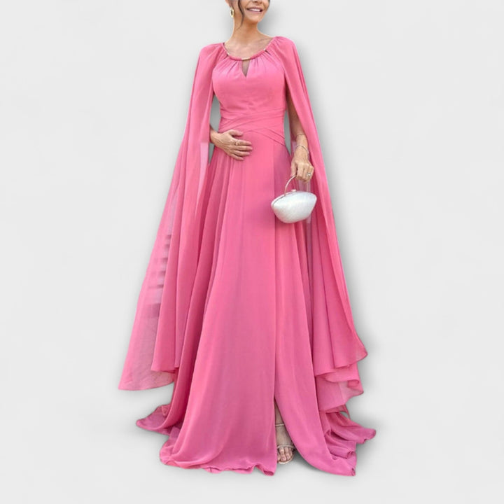 Mabel - Robe maxi élégante avec manches cape et fente haute