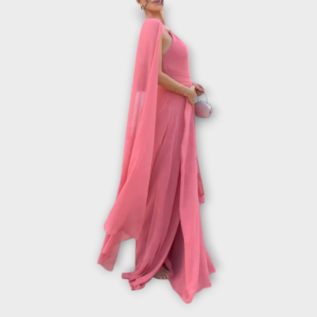 Mabel - Robe maxi élégante avec manches cape et fente haute