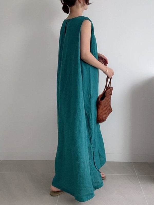 Robe mi-longue décontractée simple fendue sur le côté à col rond, sans manches, couleur unie