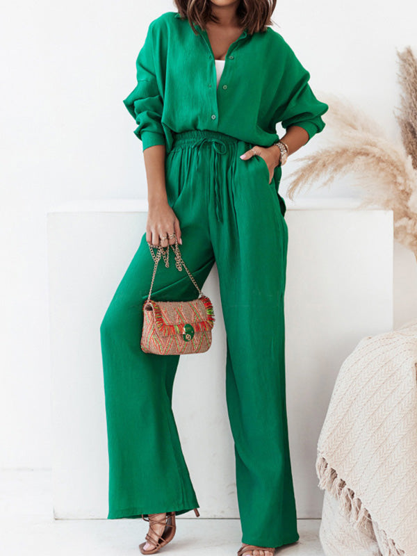 Ensemble deux pièces boutonné à manches longues, à poches, à col revers, à taille élastique, taille haute, couleur unie – chemise + haut + pantalon