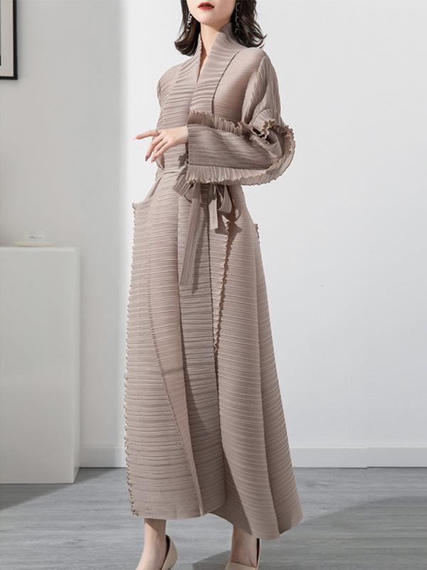 Robe mi-longue décontractée ample nouée plissée à manches longues, à col montant