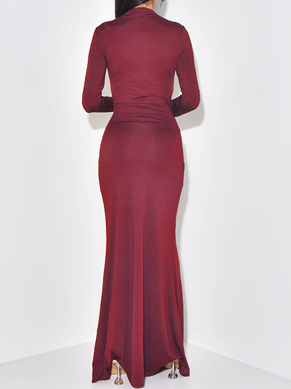Robe longue moulante à manches longues, couleur unie, à empiècements, taille nouée, demi-col roulé
