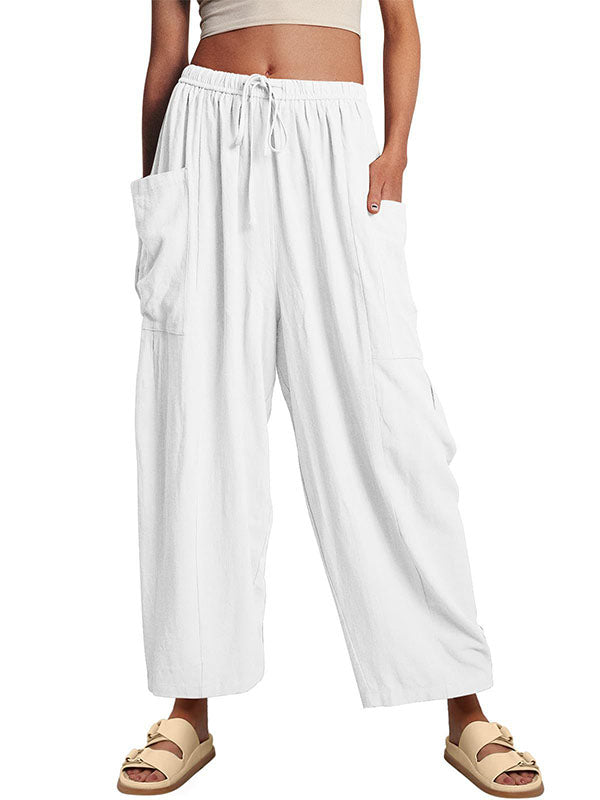Pantalon ample plissé taille haute, à cordon de serrage, à taille élastique, à poches, couleur unie