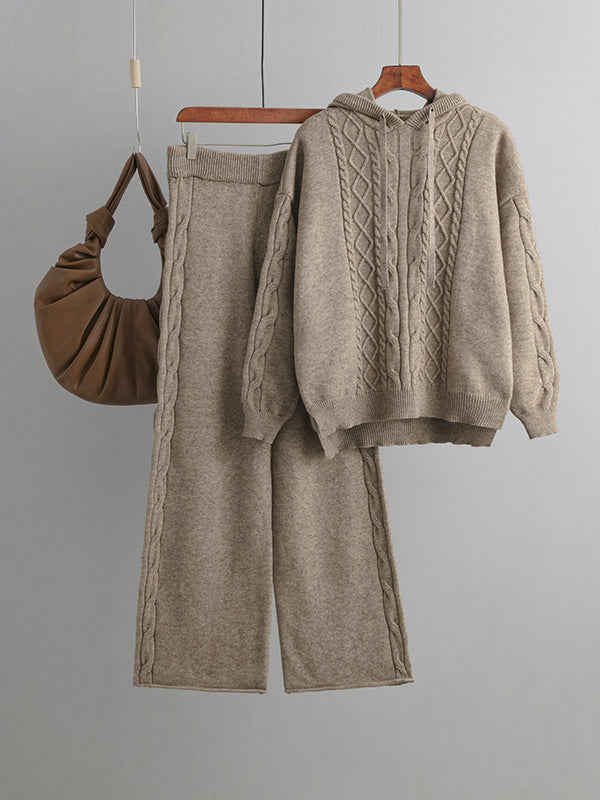 Ensemble deux pièces urbain ample à capuche, à ourlet plongeant, à jambes larges, couleur unie – pull + pantalon