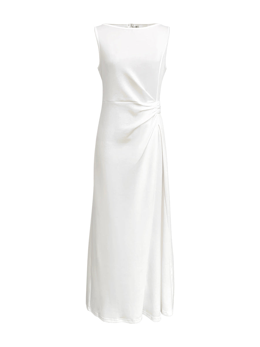 Robe de soirée longue plissée sans manches, en gaze, à empiècements, à col rond, couleur unie