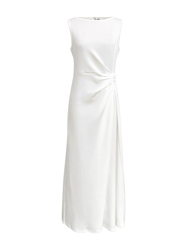 Robe de soirée longue plissée sans manches, en gaze, à empiècements, à col rond, couleur unie