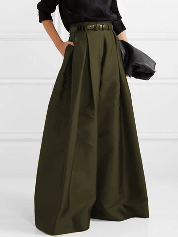 Pantalon élégant ample taille haute, à jambes larges, couleur unie