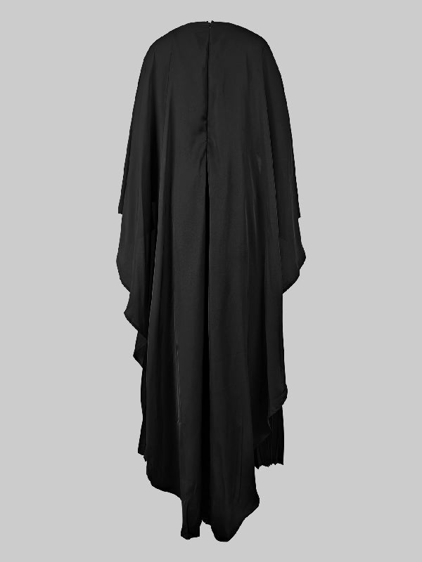 Robe de soirée longue plissée style cape, à ourlet plongeant, à empiècements, à col rond, couleur unie