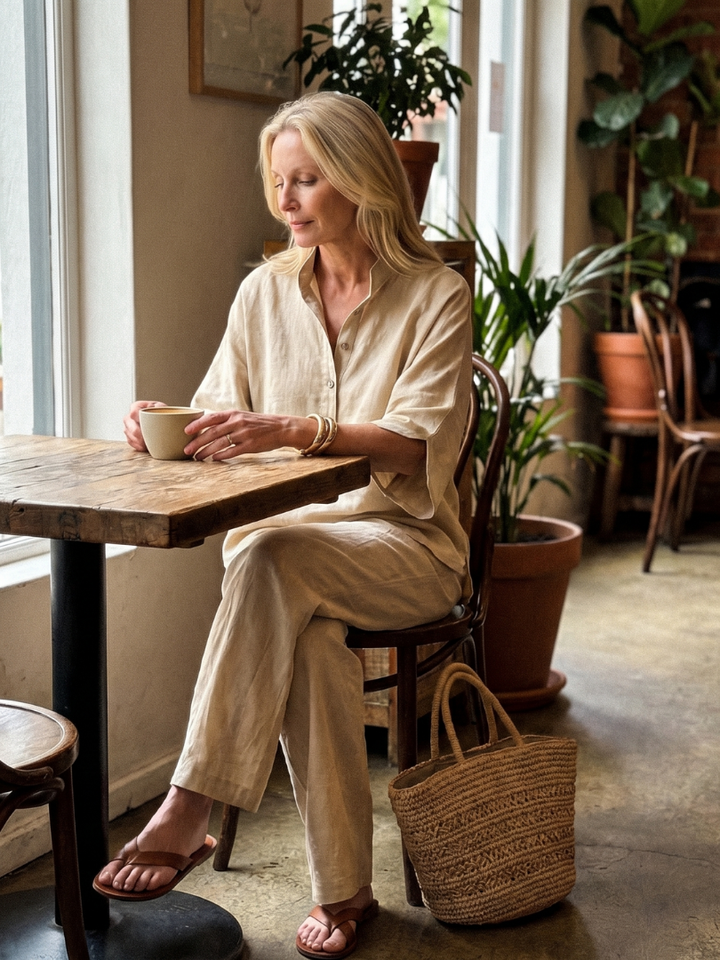 Amity | Ensemble Tunika-Pantalon à Boutons Frontaux Relaxé