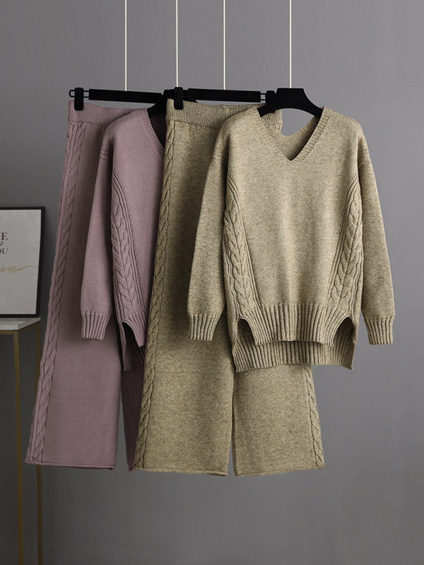 Ensemble deux pièces élégant ample à manches longues, à col en V, à jambes larges, couleur unie – pull + pantalon