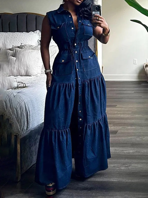Robes longues à revers, taille haute, ample, boutonnée, élastique, poches plissées, couleur unie
