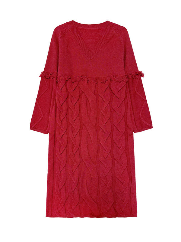 Robe pull ample à manches longues, à empiècements, à pompons, à col en V, couleur unie