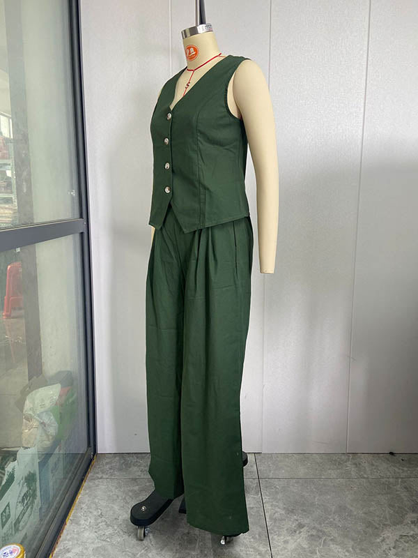 Ensemble deux pièces ample, couleur unie, col en v, pantalon élastique, grande taille