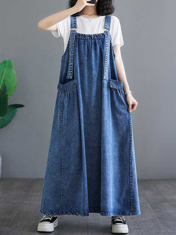 Robe trapèze ample plissée avec poches fendues et col spaghetti, robe longue à bretelles