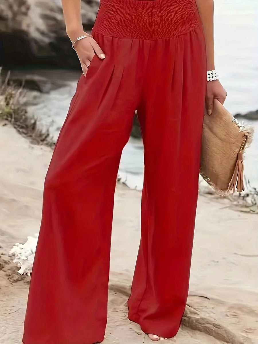 Pantalon plissé à taille élastique, taille haute, à poches, à empiècements, couleur unie