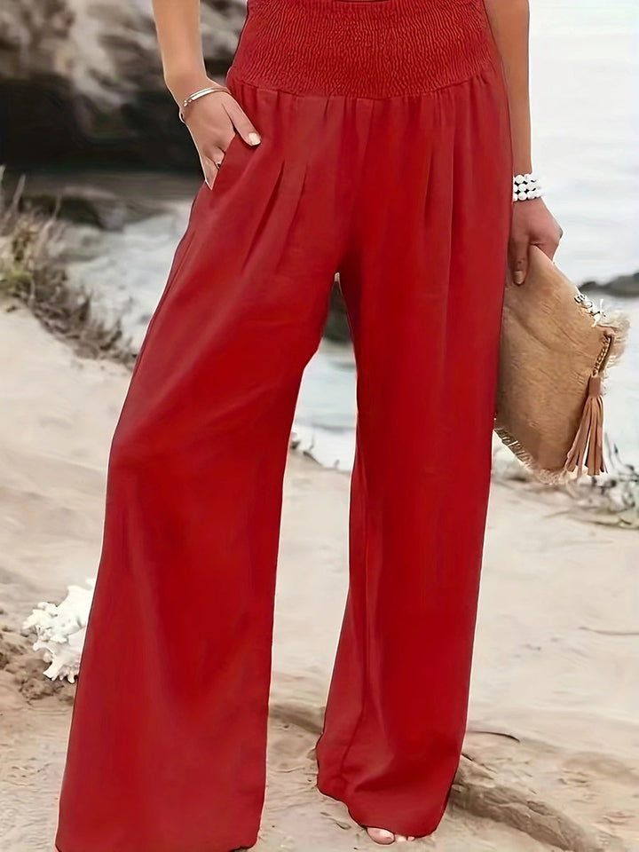Pantalon plissé à taille élastique, taille haute, à poches, à empiècements, couleur unie