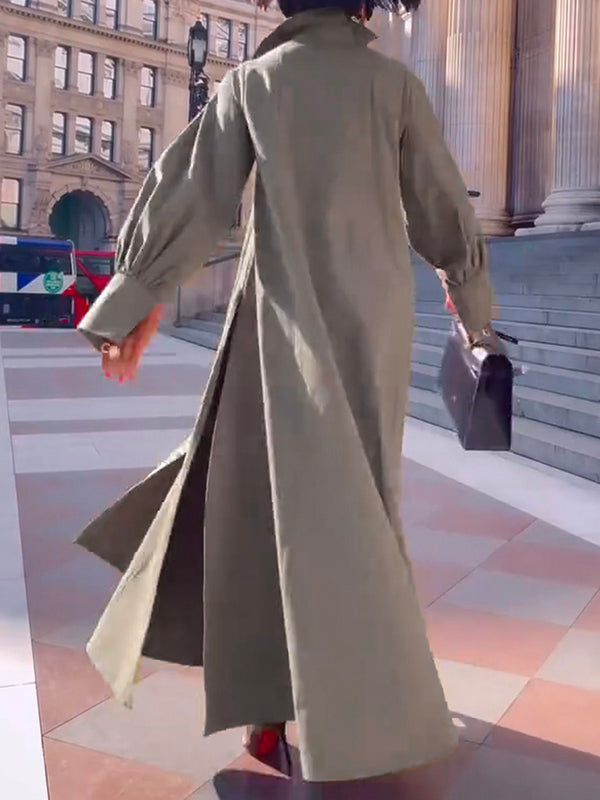 Robe chemise ample fendue sur le côté à manches longues, à empiècements, à col revers, couleur unie