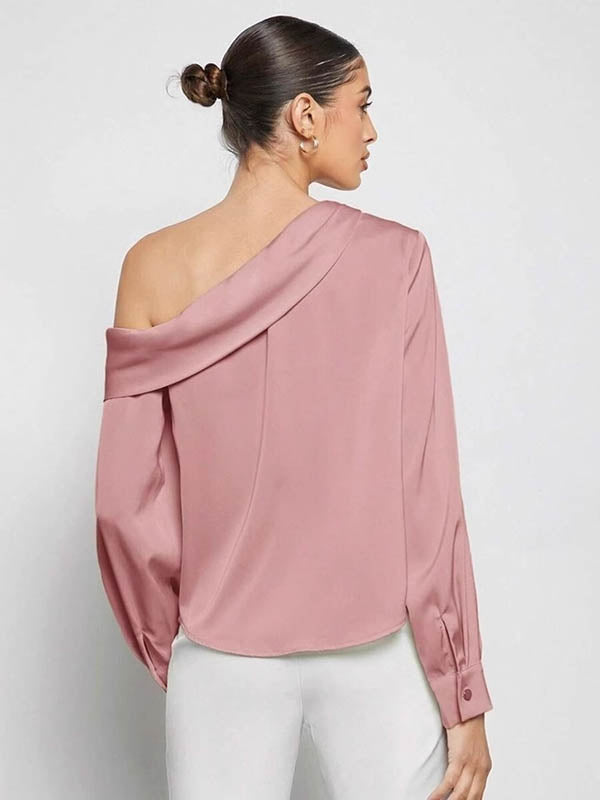 Chemisier plissé à manches longues, coupe près du corps, à empiècements, asymétrique à une épaule, couleur unie