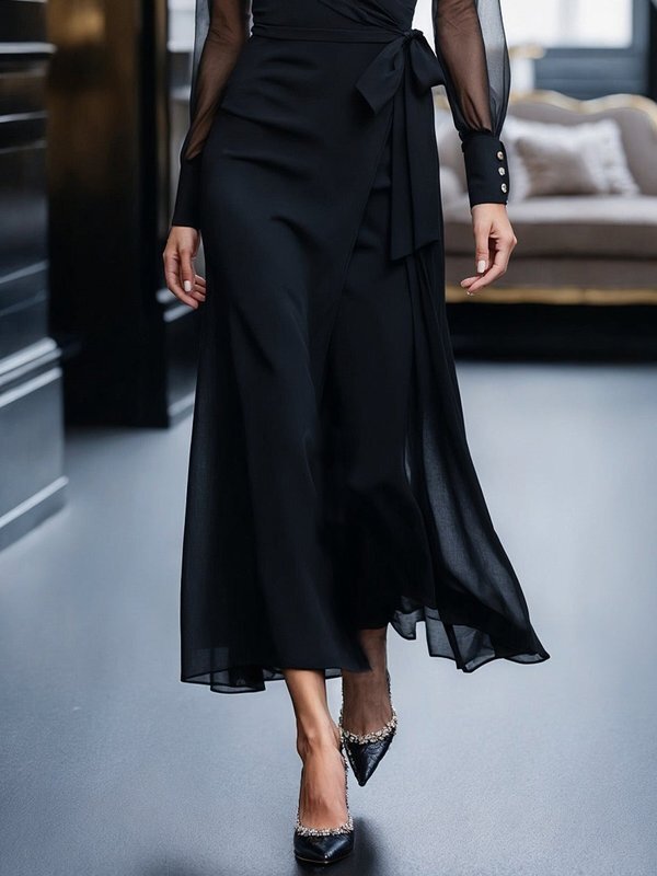 Robe longue ample boutonnée plissée à manches longues, à empiècements, à taille nouée, à col revers, couleur unie